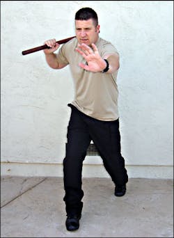 The gun side forward stance enables you to generate more power and maximizes your reach advantage. The off-hand can be used to prevent the suspect from closing in. The gun side forward stance enables you to generate more power and maximizes your reach advantage. The off-hand can be used to prevent the suspect from closing in.