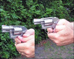 Photo on right shows strong grip with thumbs down away from trigger finger. Inset on left shows how things can get crowded on small frame guns. Photo on right shows strong grip with thumbs down away from trigger finger. Inset on left shows how things can get crowded on small frame guns.
