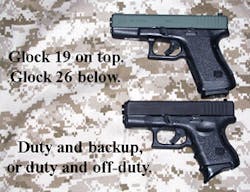 Using a smaller off duty weapon with the same features and functions as the larger duty weapon is ideal if the duty weapon can't be carried off duty. Shown as an example is the Glock 19 9mm over the Glock 26 9mm. Using a smaller off duty weapon with the same features and functions as the larger duty weapon is ideal if the duty weapon can't be carried off duty. Shown as an example is the Glock 19 9mm over the Glock 26 9mm.