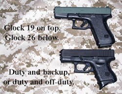 Using a smaller off duty weapon with the same features and functions as the larger duty weapon is ideal if the duty weapon can&apos;t be carried off duty. Shown as an example is the Glock 19 9mm over the Glock 26 9mm.