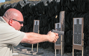 The first skill to learn in close quarters shooting is target focus. Officers must see the threat and concentrate on the area most likely to stop it. Training for close quarters should include friendly competition amongst police officers. From three yards, empty the magazine using a Pact Timer.