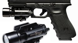 The Surefire X400 WeaponLight is mounted on a GLOCK 37. The X400 fits both Universal and Picatinny rails. The SureFire X400 WeaponLight combines a 110-lumen output LED for white light illumination with a 5-mW, 635-nm laser aimer in an ultra-compact unit.
