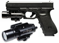 The Surefire X400 WeaponLight is mounted on a GLOCK 37. The X400 fits both Universal and Picatinny rails. The SureFire X400 WeaponLight combines a 110-lumen output LED for white light illumination with a 5-mW, 635-nm laser aimer in an ultra-compact unit. The Surefire X400 WeaponLight is mounted on a GLOCK 37. The X400 fits both Universal and Picatinny rails. The SureFire X400 WeaponLight combines a 110-lumen output LED for white light illumination with a 5-mW, 635-nm laser aimer in an ultra-compact unit.
