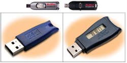 Above: McAfee offers a suite of products, including an encrypted USB stick option, to safeguard information. Below: Aladdin&apos;s eToken solutions enable users to use two-factor identification to access protected information.