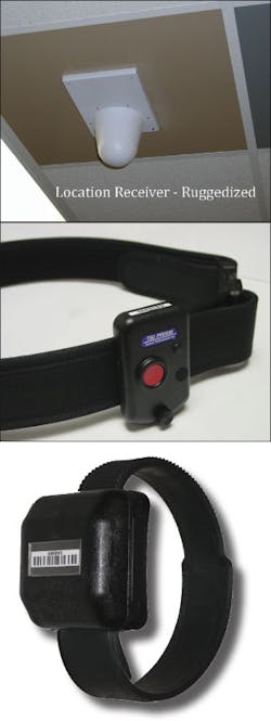 The three components of the Alanco TSI Prism system include an inmate-worn and an officer-worn transmitter and the location receivers positioned throughout a building. Each transmitter sends out a unique RFID code every 2 seconds, which are then collected by the array of receiving antennas throughout the prison facilities. The three components of the Alanco TSI Prism system include an inmate-worn and an officer-worn transmitter and the location receivers positioned throughout a building. Each transmitter sends out a unique RFID code every 2 seconds, which are then collected by the array of receiving antennas throughout the prison facilities.