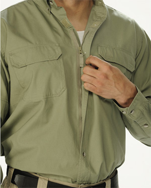 The long-sleeve zip up shirt. Much quicker and more convenient to get on and off.