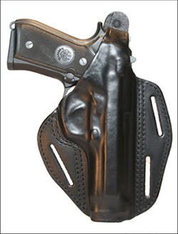 The pancake holster can be worn vertical or with a forward cant.