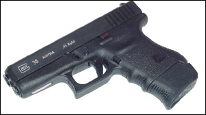 Shown with a '+1' magazine floorplate the Glock 36 is a slim and compact pistol.