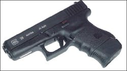 Shown with a &apos;+1&apos; magazine floorplate the Glock 36 is a slim and compact pistol.