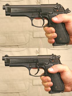 This Beretta 92FS incorporates the dual function slide mounted safety. It can both decock the hammer and disengage the trigger. Left in the up position, the pistol is ready to fire in either double or single action mode.