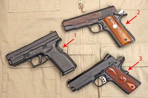 Three typical examples of grip safeties are (1) the Springfield XD pistol, (2) the traditional flat Colt style on this Colt Combat Commander and (3) the &ldquo;speed bump&rdquo; enhanced version on this Springfield Champion Operator.