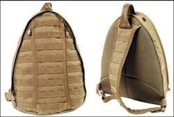Seen from front and back, the pack's features of MOLLE webbing and an either/or shoulder strap can be seen. Seen from front and back, the pack's features of MOLLE webbing and an either/or shoulder strap can be seen.