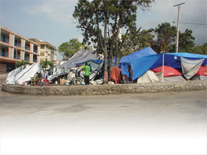 More than 1.2 million people are currently living in spontaneous settlements in Haiti, much like this dwelling of tents, due to the large scale destruction caused by the 35-second earthquake on January 12.
