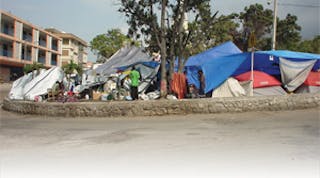 More than 1.2 million people are currently living in spontaneous settlements in Haiti, much like this dwelling of tents, due to the large scale destruction caused by the 35-second earthquake on January 12.