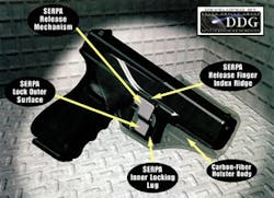 Cutaway diagram shows the tension and SERPA internal locking system of the Lvl II version of this holster. The Pivot-Guard (seen in photo below) is the 3rd level of retention. Cutaway diagram shows the tension and SERPA internal locking system of the Lvl II version of this holster. The Pivot-Guard (seen in photo below) is the 3rd level of retention.