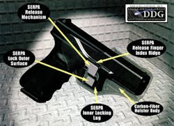 Cutaway diagram shows the tension and SERPA internal locking system of the Lvl II version of this holster. The Pivot-Guard (seen in photo below) is the 3rd level of retention.