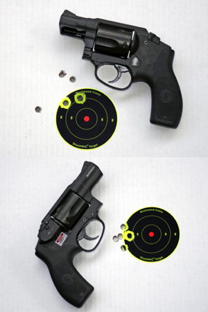 Top group, shot with Federal 125 grain Nyclad, was high and left at 7 yards using open sights. The bottom group, also with the Nyclad, was shot at 5 yards using the laser.
