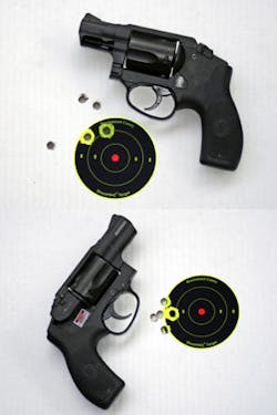 Top group, shot with Federal 125 grain Nyclad, was high and left at 7 yards using open sights. The bottom group, also with the Nyclad, was shot at 5 yards using the laser. Top group, shot with Federal 125 grain Nyclad, was high and left at 7 yards using open sights. The bottom group, also with the Nyclad, was shot at 5 yards using the laser.