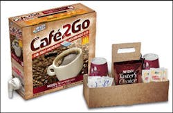 One Cafe2Go and a gallon of potable water = 18 cups of coffee including cups, sugar, creamer and stirrers. One Cafe2Go and a gallon of potable water = 18 cups of coffee including cups, sugar, creamer and stirrers.