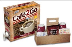 One Cafe2Go and a gallon of potable water = 18 cups of coffee including cups, sugar, creamer and stirrers.