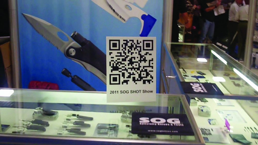 A mobile barcode on display at the 2011 SHOT Show for attendees to scan with a smartphone for online information from SOG Knives.