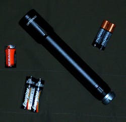 The Gerber Option 60 runs on AA, AAA or CR123 3V batteries. The Gerber Option 60 runs on AA, AAA or CR123 3V batteries.