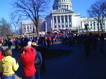 Thousands of protestors gathered at the State Capitol in Madison, Wis., on Feb. 18.