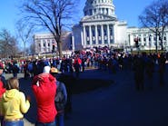 Thousands of protestors gathered at the State Capitol in Madison, Wis., on Feb. 18.