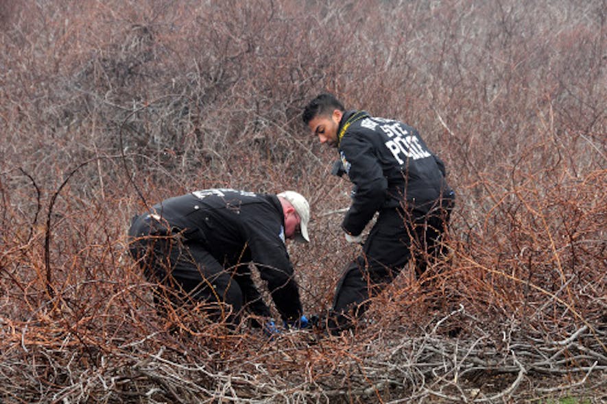 New York State police search brush along Ocean Parkway in Wantagh, New York, Monday, April 11, 2011, for human remains.