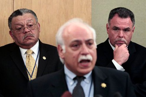 Pierce County, Wash. Sheriff Paul Pastor, center, speaks as Philadelphia Police Chief Charles Ramsey, left, and Newark Police Chief Garry McCarthy look on.