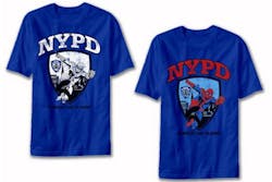 In Comic character Spider-Man and the NYPD insignia are shown on Marvel merchandise T-shirts. In Comic character Spider-Man and the NYPD insignia are shown on Marvel merchandise T-shirts.