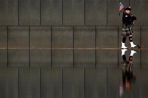 Kevin Donnelly, Pipe Sergeant, DEA Black and Gold Pipes and Drums, leads the procession during the 16th Annual Day of Remembrance at the Oklahoma City National Memorial and Museum.
