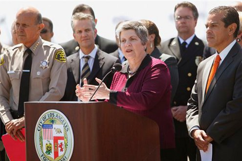 DHS Secretary Janet Napolitano speaks at a news conference on security at the Port of Los Angeles Maritime Law Enforcement Training Center.