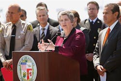 DHS Secretary Janet Napolitano speaks at a news conference on security at the Port of Los Angeles Maritime Law Enforcement Training Center. DHS Secretary Janet Napolitano speaks at a news conference on security at the Port of Los Angeles Maritime Law Enforcement Training Center.