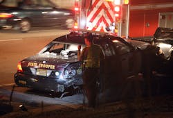 A Minnesota state trooper's cruiser is seen after it was rear-ended by a van while at a traffic stop on April 2. A Minnesota state trooper's cruiser is seen after it was rear-ended by a van while at a traffic stop on April 2.