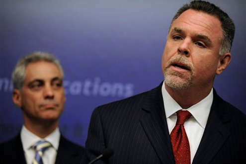 Newly appointed Chicago Police Superintendent, Newark, N.J., Police Director Garry McCarthy, right, speaks as Chicago Mayor-elect Rahm Emanuel looks on.