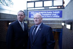 SEPTA Officer Michael Sylvester and FBI Agent Joe Metzinger stand at a subway entrance in Philadelphia. SEPTA Officer Michael Sylvester and FBI Agent Joe Metzinger stand at a subway entrance in Philadelphia.