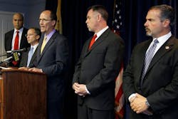 Newark Police Director Garry McCarthy and Acting Newark Police Director Sam DeMaio, right, look on as Assistant Attorney General for the Civil Rights Division Thomas Perez speaks. Newark Police Director Garry McCarthy and Acting Newark Police Director Sam DeMaio, right, look on as Assistant Attorney General for the Civil Rights Division Thomas Perez speaks.