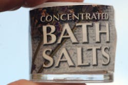 A sample of a bath salt product named TranQuility, which contains the band chemical MDPV is displayed. A sample of a bath salt product named TranQuility, which contains the band chemical MDPV is displayed.