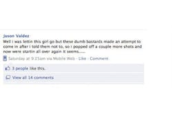 A portion of the Facebook page of Jason Valdez is show. A portion of the Facebook page of Jason Valdez is show.