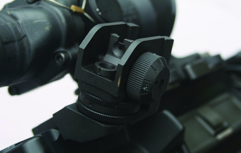 Dueck Defense Canted Back Up Sight with a user installed CSAT rear sight aperture.