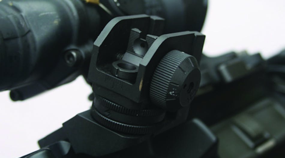 Dueck Defense Canted Back Up Sight with a user installed CSAT rear sight aperture.