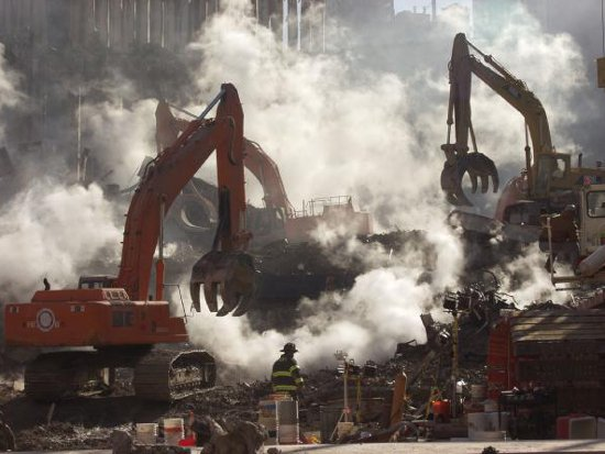 The wreckage of the World Trade Center still smolders on Oct. 10, 2001 as recovery operations continue.