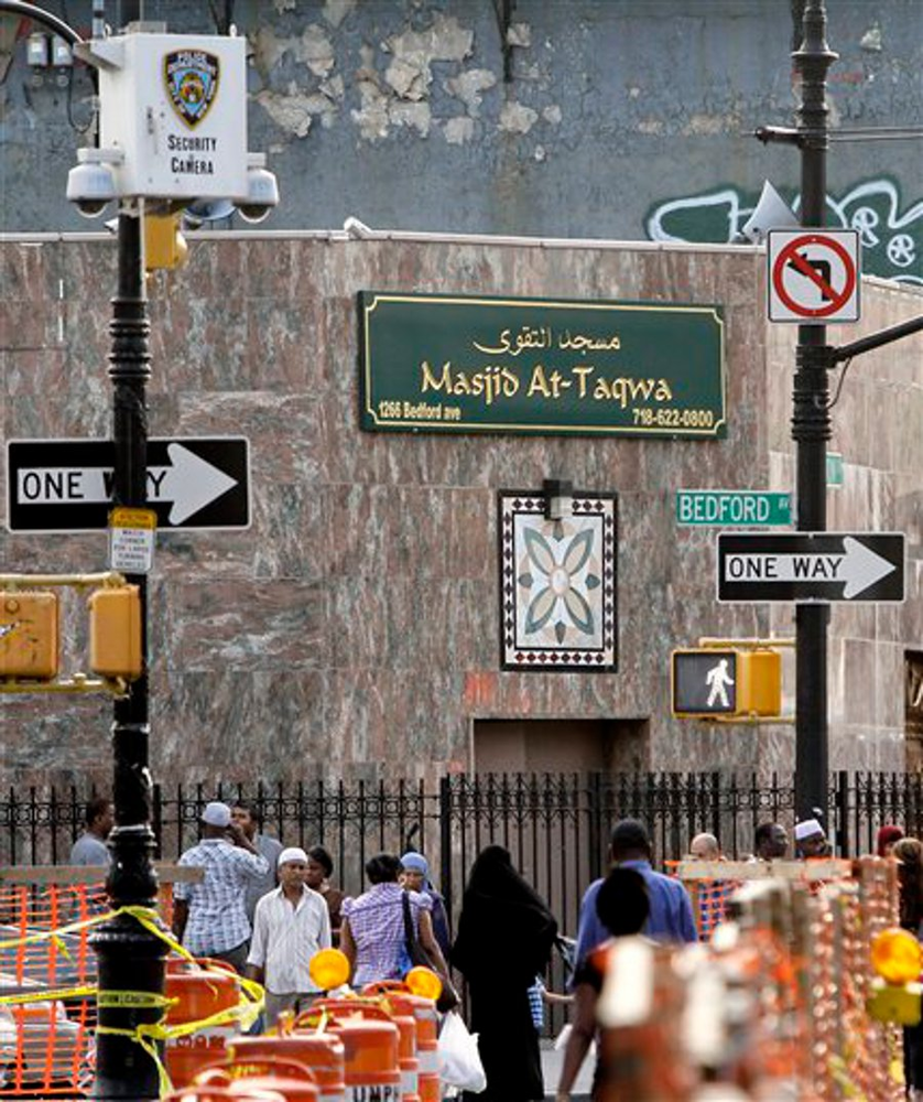 A NYPD security camera sits above a mosque in Brooklyn.