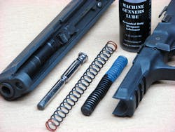 Here’s the Sprinco replacement guide rod and spring, alongside the M&P’s standard rod and captive spring. Also pictured is the top-notch Machine Gunner’s Lube that the company offers. Here’s the Sprinco replacement guide rod and spring, alongside the M&P’s standard rod and captive spring. Also pictured is the top-notch Machine Gunner’s Lube that the company offers.