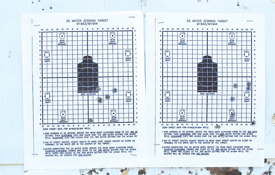 The Colt Commander favored 200-grain Hornady +P TAP bullets (Hornady 9113). Left target is offhand at 10 yards. Right target is 25 yards. These targets were typical throughout this test.
