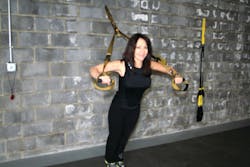 The TRX Suspension System can be used to train chest, arms, shoulders and more. The TRX Suspension System can be used to train chest, arms, shoulders and more.
