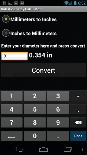 #18: Ballistic Energy Calc This app calculates kinetic energy for rifles, handguns and shotguns. Any caliber can be used as long as the muzzle velocity and bullet mass (weight) are known.