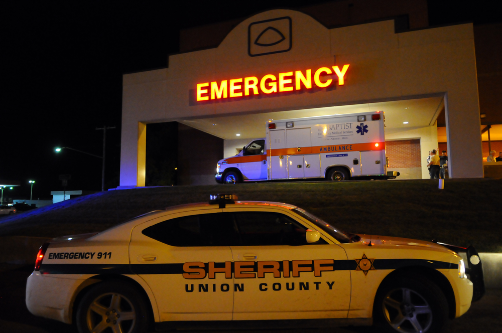 Various police agencies gather at Baptist Memorial Hospital-Union County in New Albany Mississippi after two missing sisters, Alexandria and Kyliyah Bain were rescued from their alleged kidnapper Adam Mayes Thursday May 10, 2012.