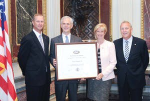 Pelican&rsquo;s President and CEO, Lyndon Faulkner and COO, John Padian, receive the Presidential &ldquo;E&rdquo; Award for Exports from U.S. Department of Commerce Secretary John Bryson, at the White House in Washington, D.C. Congresswoman Janice Hahn, who represents the 36th Congressional District (which includes the company&apos;s Torrance, California corporate headquarters), was also in attendance.